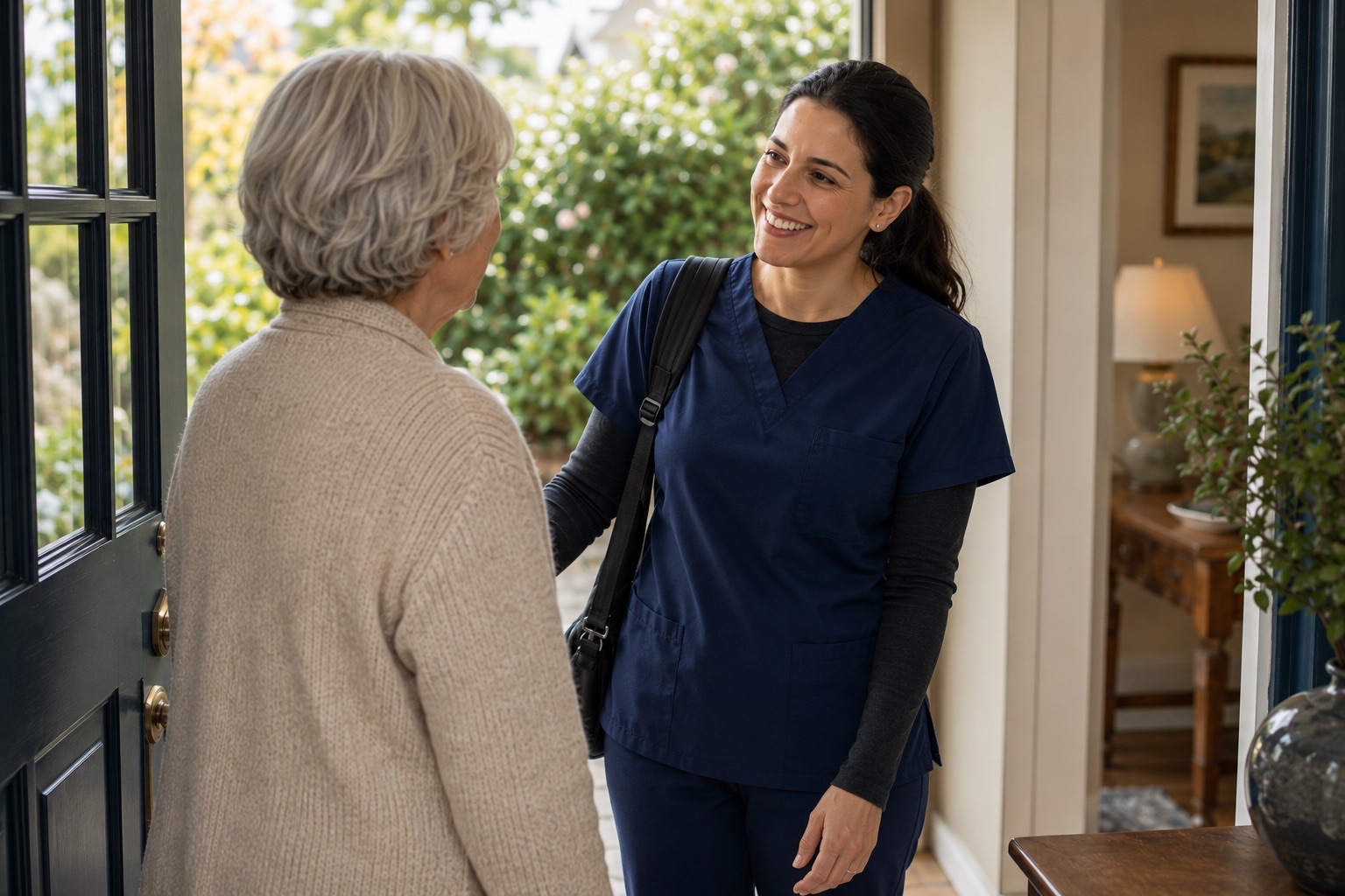 A caregiver greeting an older woman at her front door