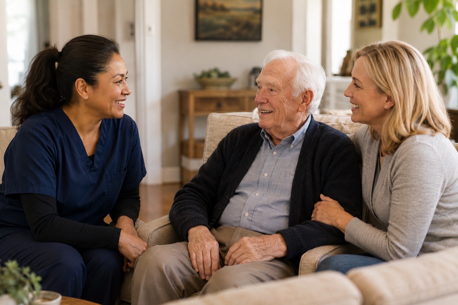 A caregiver chatting with an older man and his daughter on their sofa