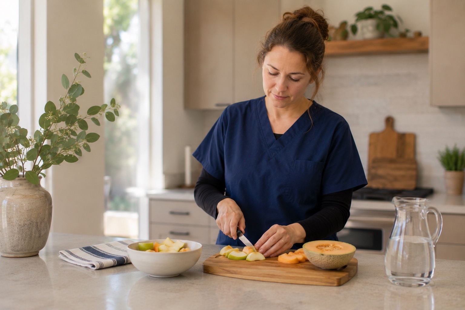A caregiver preparing fresh fruit in a bright kitchen