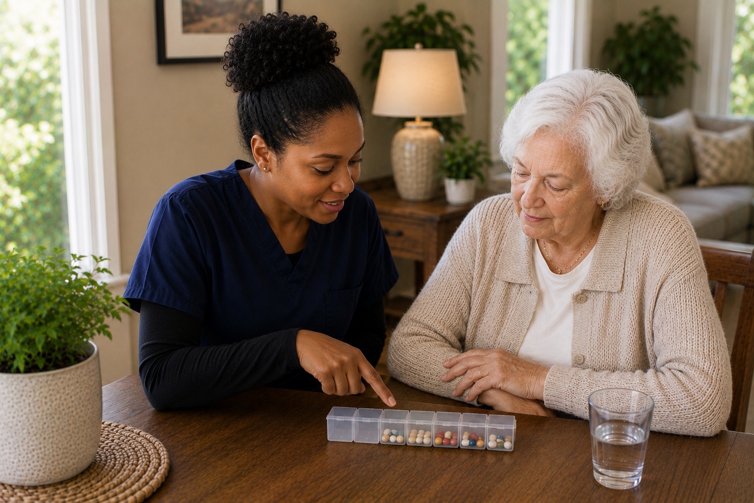 A caregiver going through a weekly pill organizer with an older woman at her dining table
